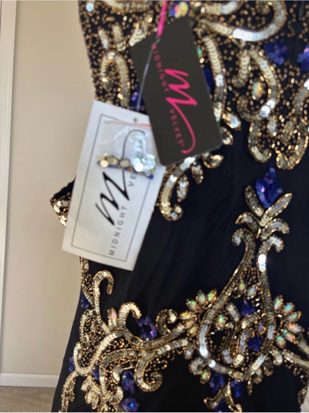 Midnight Velvet Black Evening Gown with Gold and Blue Embellishment - Picture 7 of 7